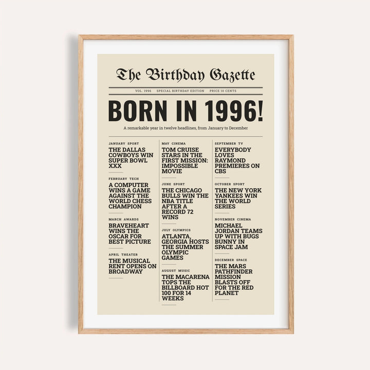 1996 print styled as a newspaper front page on a plain warm wall
