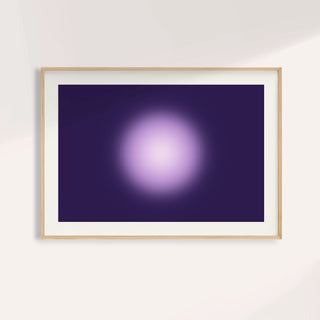 Violet print with a glowing pale pink orb on a deep violet ground
