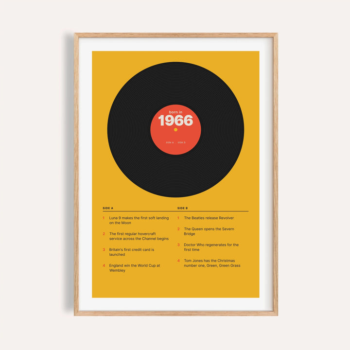 1966 print styled as a vinyl record on mustard on a plain warm wall