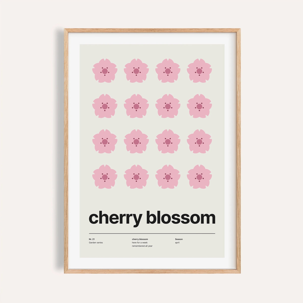 Blossom poster shown on a plain warm cream wall