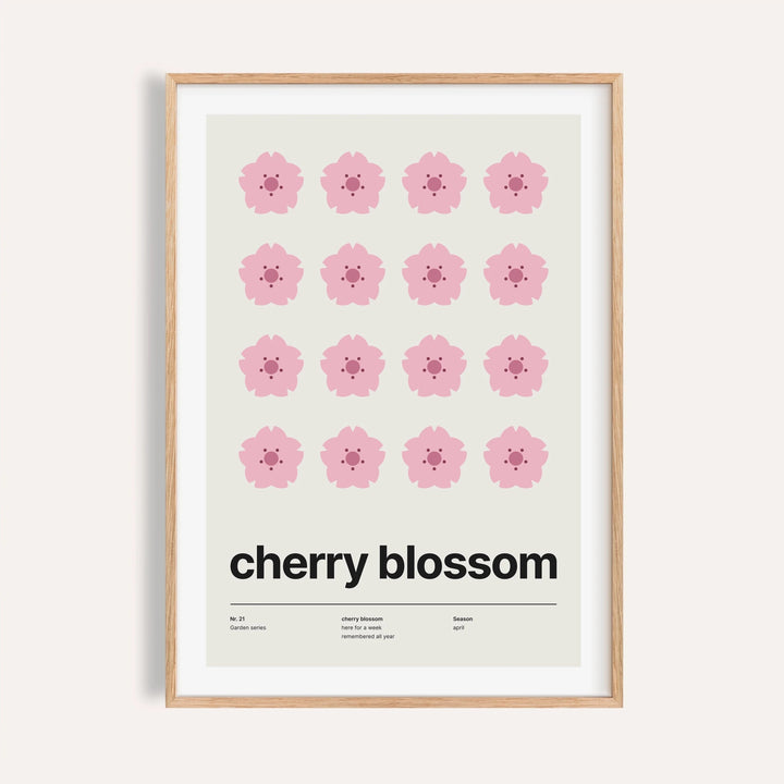 Blossom poster shown on a plain warm cream wall