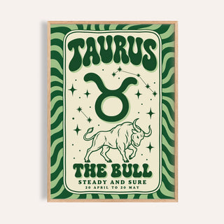 Taurus print with melty TAURUS lettering, a line drawn bull and wavy green stripes
