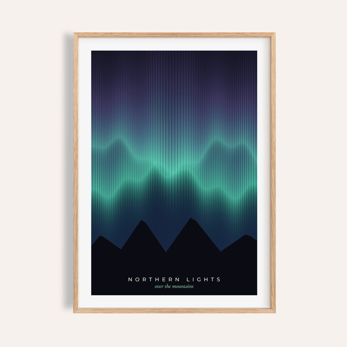 Green aurora over mountains print shown on a plain warm wall