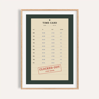Clocked out time card print shown on a plain warm cream wall
