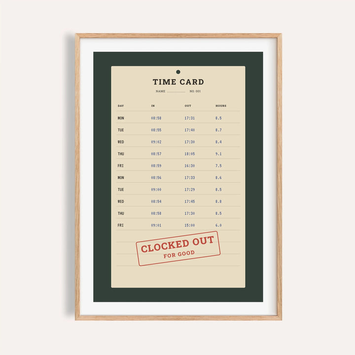 Clocked out time card print shown on a plain warm cream wall