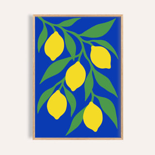 Lemon tree print on deep blue shown on a plain warm wall