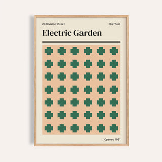 Sheffield print of Electric Garden with rows of green crosses on soft peach