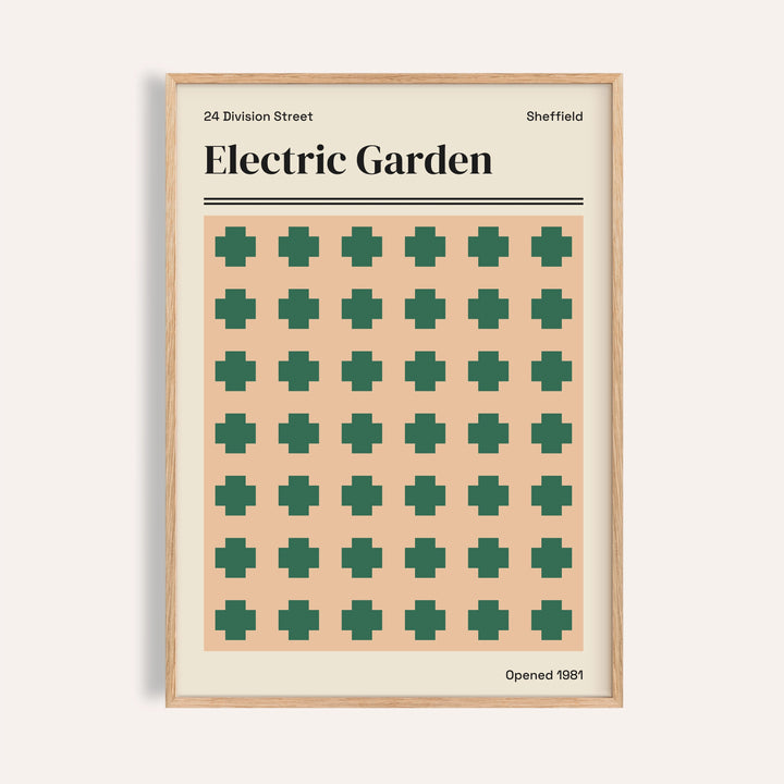 Sheffield print of Electric Garden with rows of green crosses on soft peach