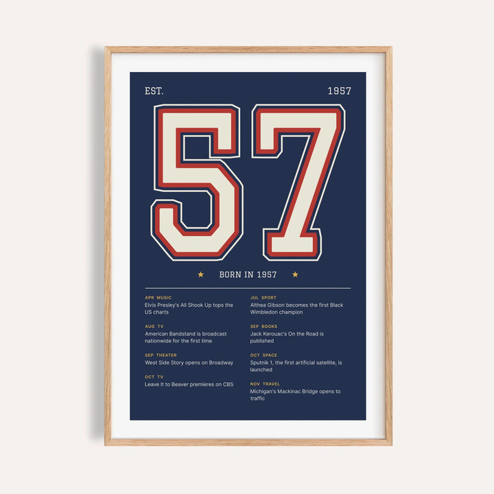 1957 print with a stitched varsity number on a plain warm wall