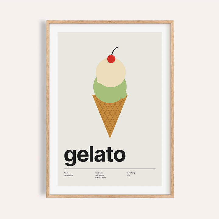 Gelato cone with cherry print shown on a plain warm wall