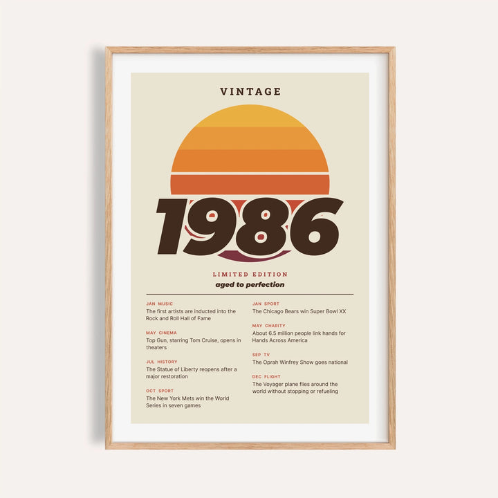 Vintage 1986 print with a retro striped sunset on a plain warm wall