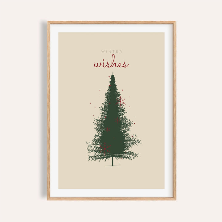 Green spruce Christmas tree print shown on a plain warm wall