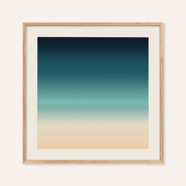 Sea print fading from midnight blue through teal and glowing mint to pale sand