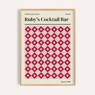 Cardiff print of Ruby's Cocktail Bar with ruby red diamonds on soft pink