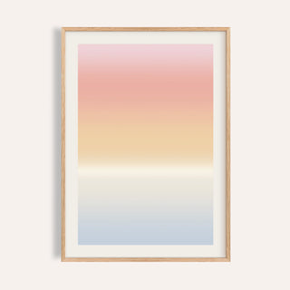 Pastel pink print fading through coral and apricot to cream and soft blue