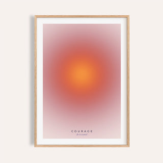 Red and orange aura print shown on a plain warm wall