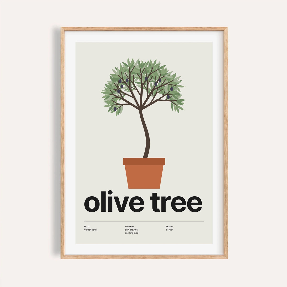 Potted olive tree print shown on a plain warm cream wall