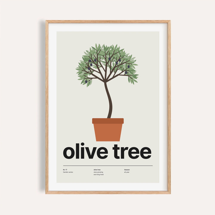 Potted olive tree print shown on a plain warm cream wall