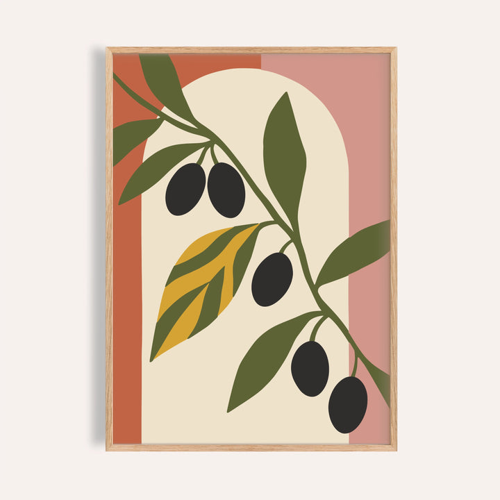 Olive leaf print with black olives shown on a plain warm wall