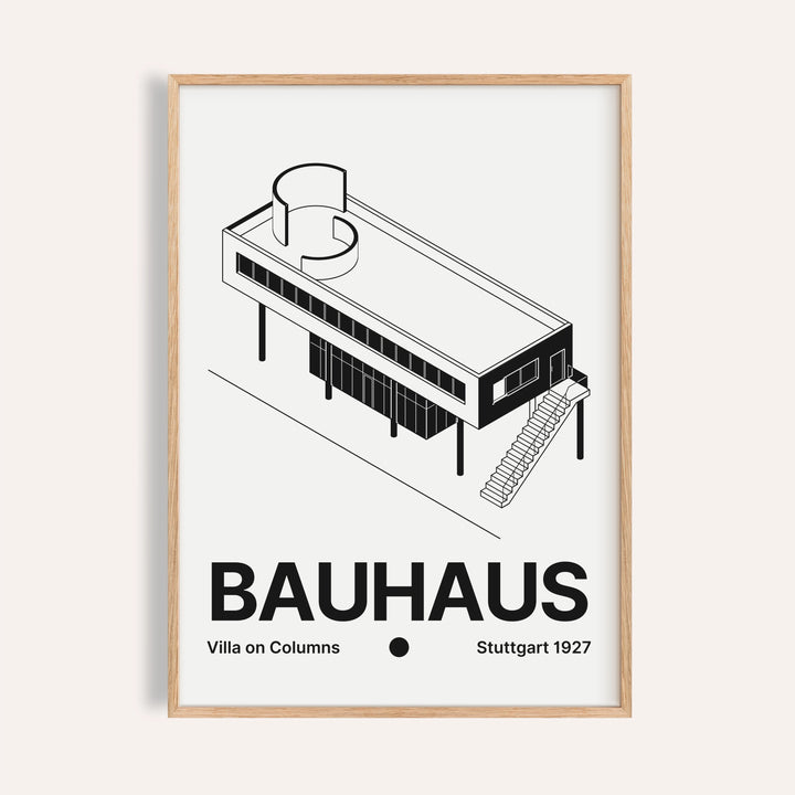 Black and white architecture poster of a villa raised on slim columns with a ribbon window