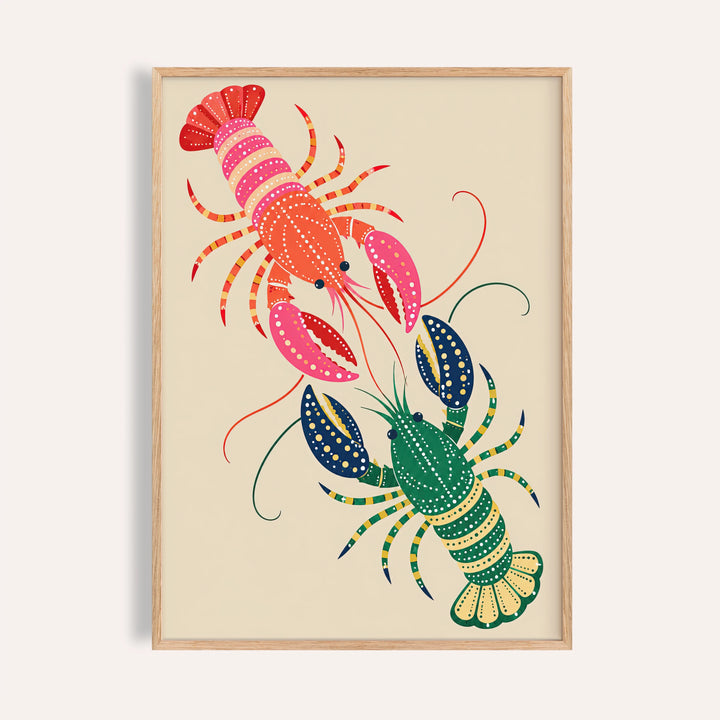 Lobster wall art with two dotted folk lobsters in pink and green on sand