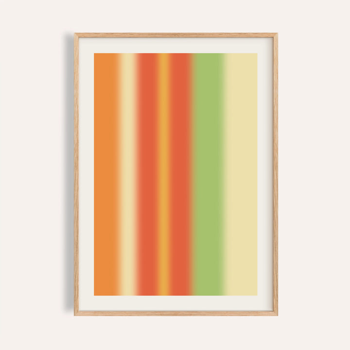 Bright abstract wall art with soft vertical stripes of orange, red and green