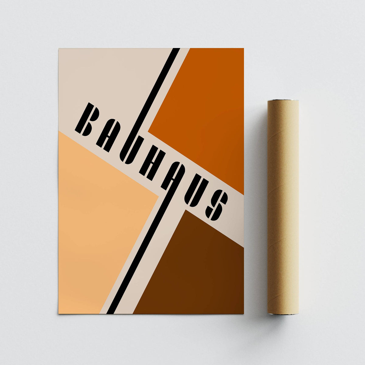 Modern Mid Century Poster with bauhaus typography in orange and brown beside a packaging tube