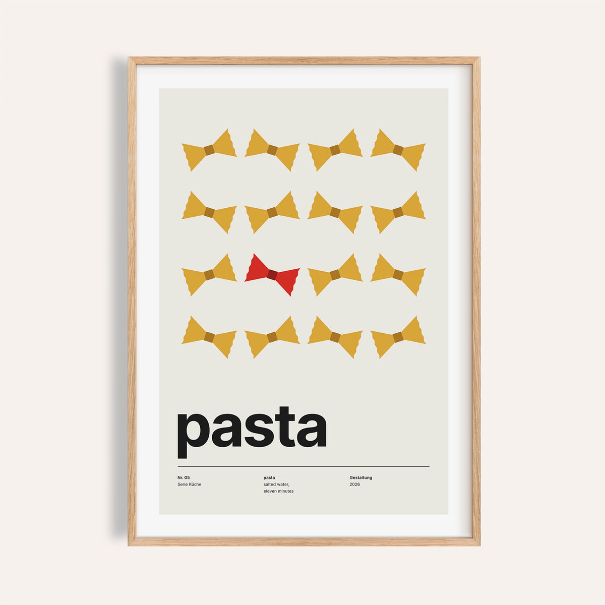 Rows of farfalle pasta print shown on a plain warm wall