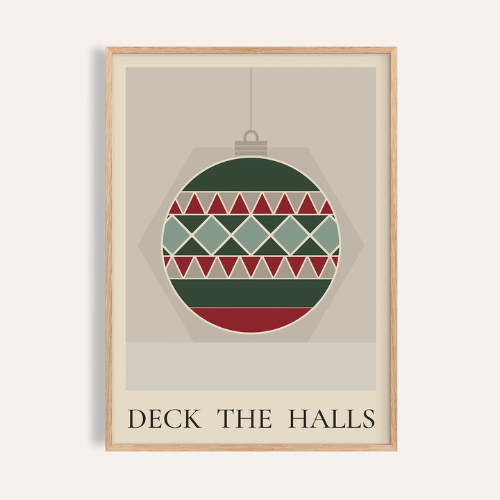 Patchwork Christmas bauble print shown on a plain warm wall