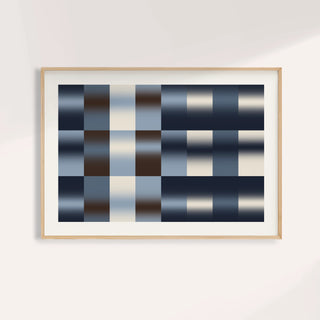 Navy abstract wall art with a soft grid of fading navy, cream and brown tiles