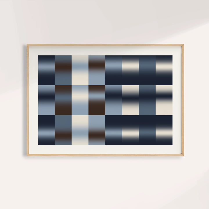 Navy abstract wall art with a soft grid of fading navy, cream and brown tiles