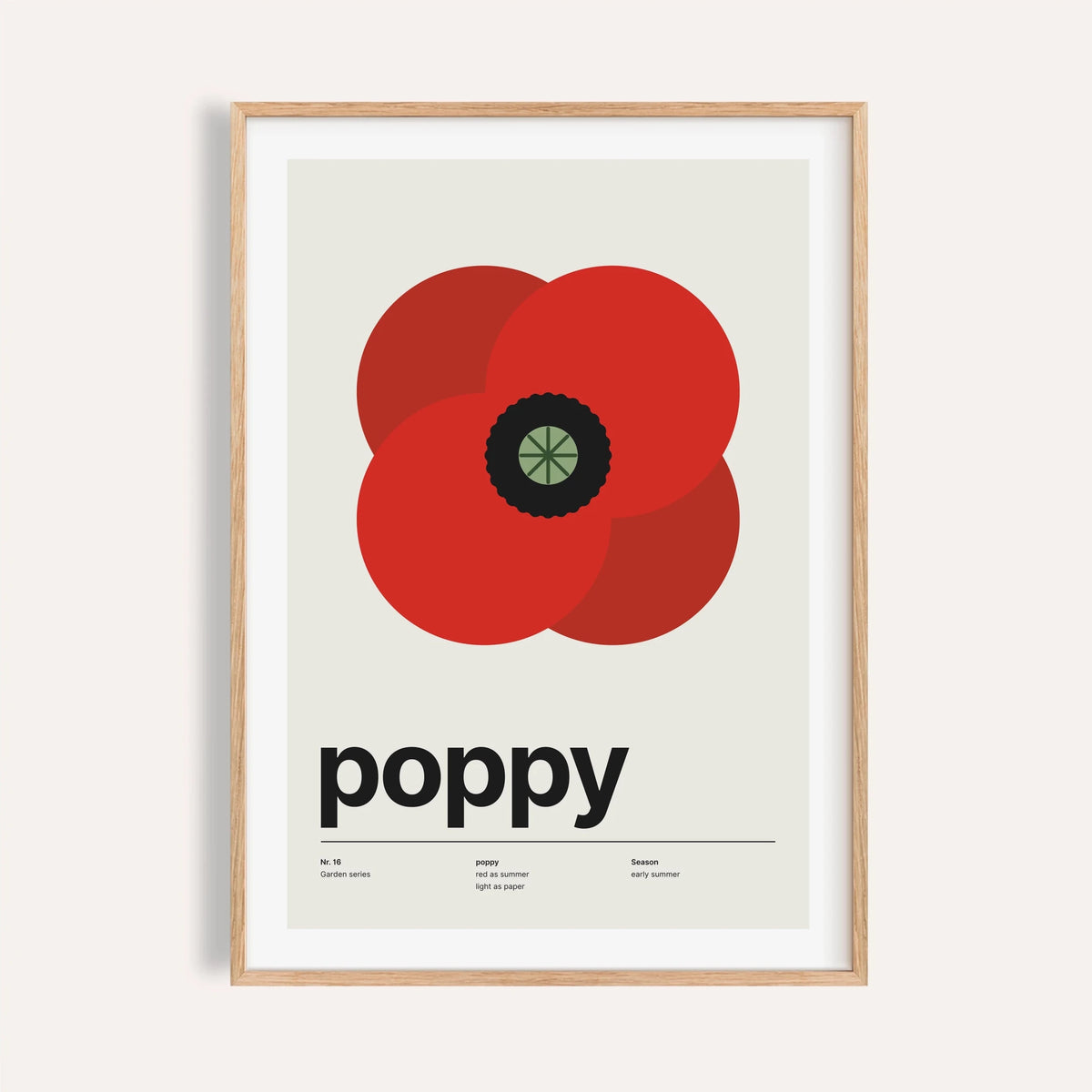 Red poppy print shown on a plain warm cream wall