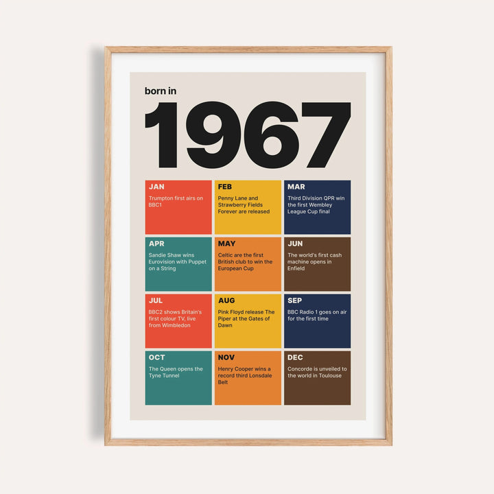 1967 print with twelve coloured month tiles on a plain warm wall