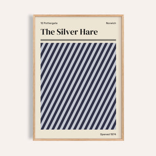 Norwich print of The Silver Hare with diagonal navy and silver grey stripes