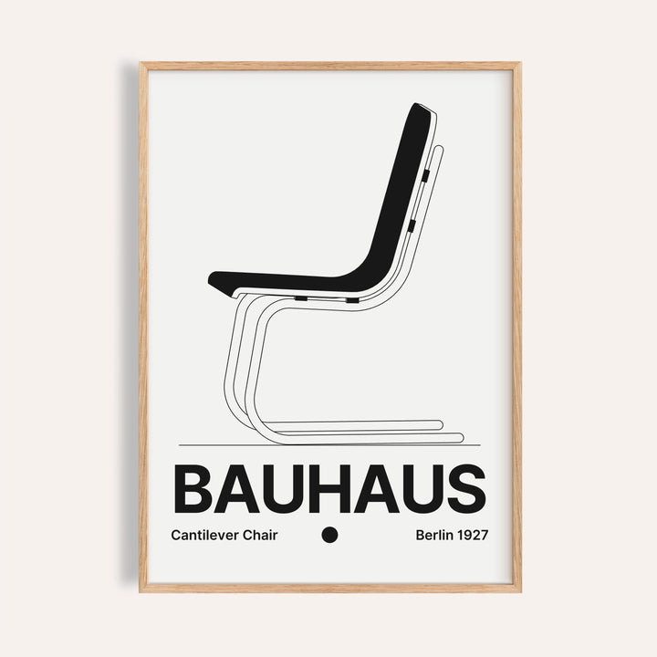 Chair poster of a cantilever chair with a black moulded seat and BAUHAUS wordmark