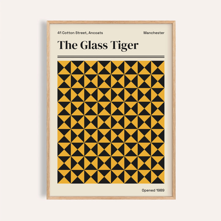 Manchester art print of The Glass Tiger with mustard yellow and black bowtie triangles