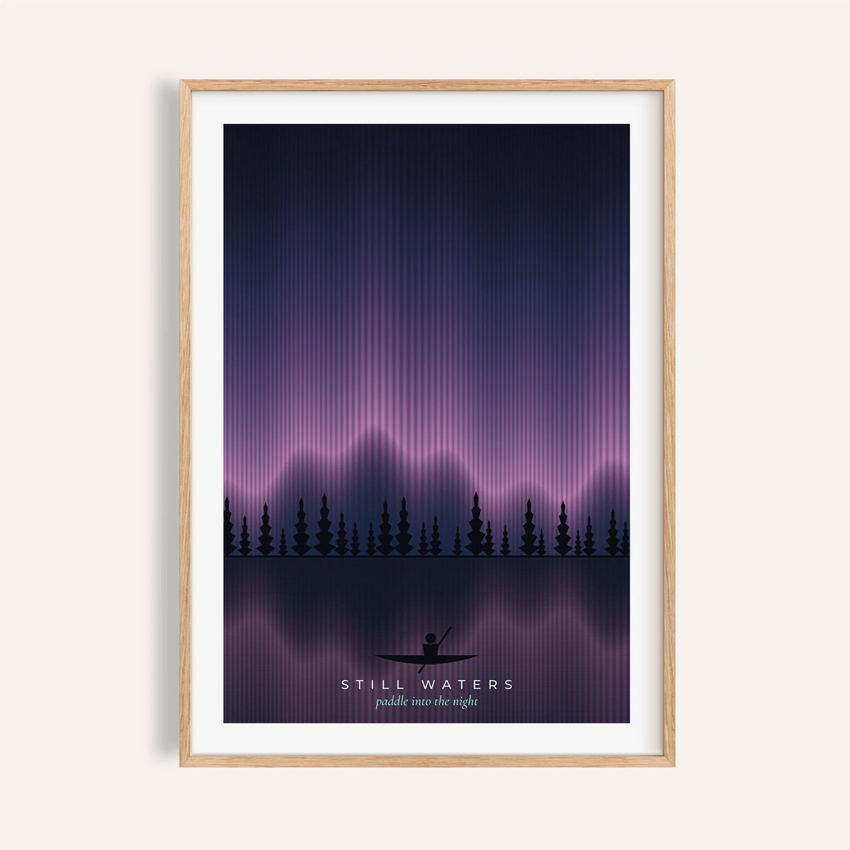 Pink aurora over a lake with a canoe print shown on a plain warm wall