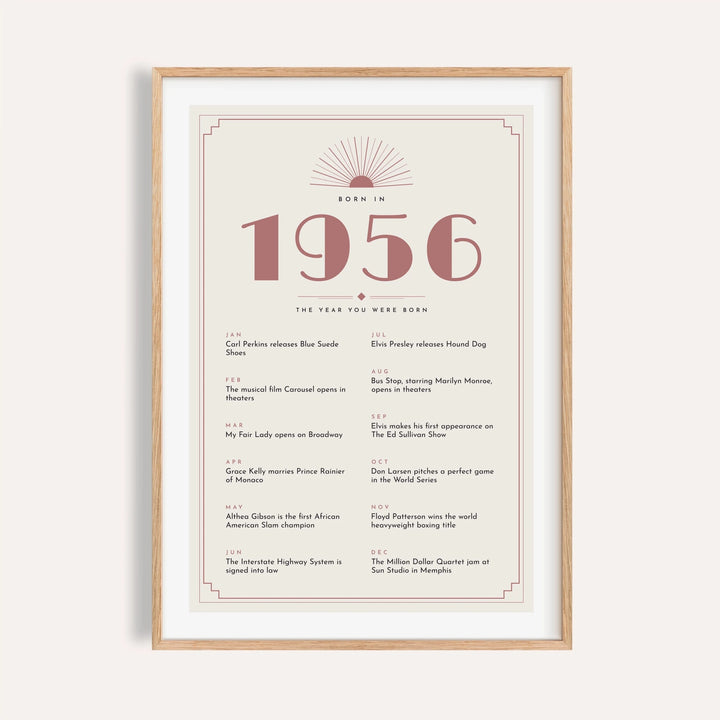 1956 Art Deco print with dusty rose numerals on a plain warm wall