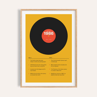 1986 print styled as a vinyl record on mustard on a plain warm wall