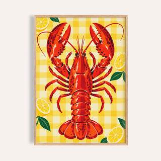 Lobster and Lemons print with a scarlet lobster and lemon halves on yellow gingham