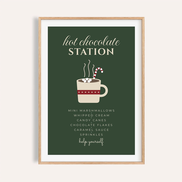 Green hot chocolate station print shown on a plain warm wall