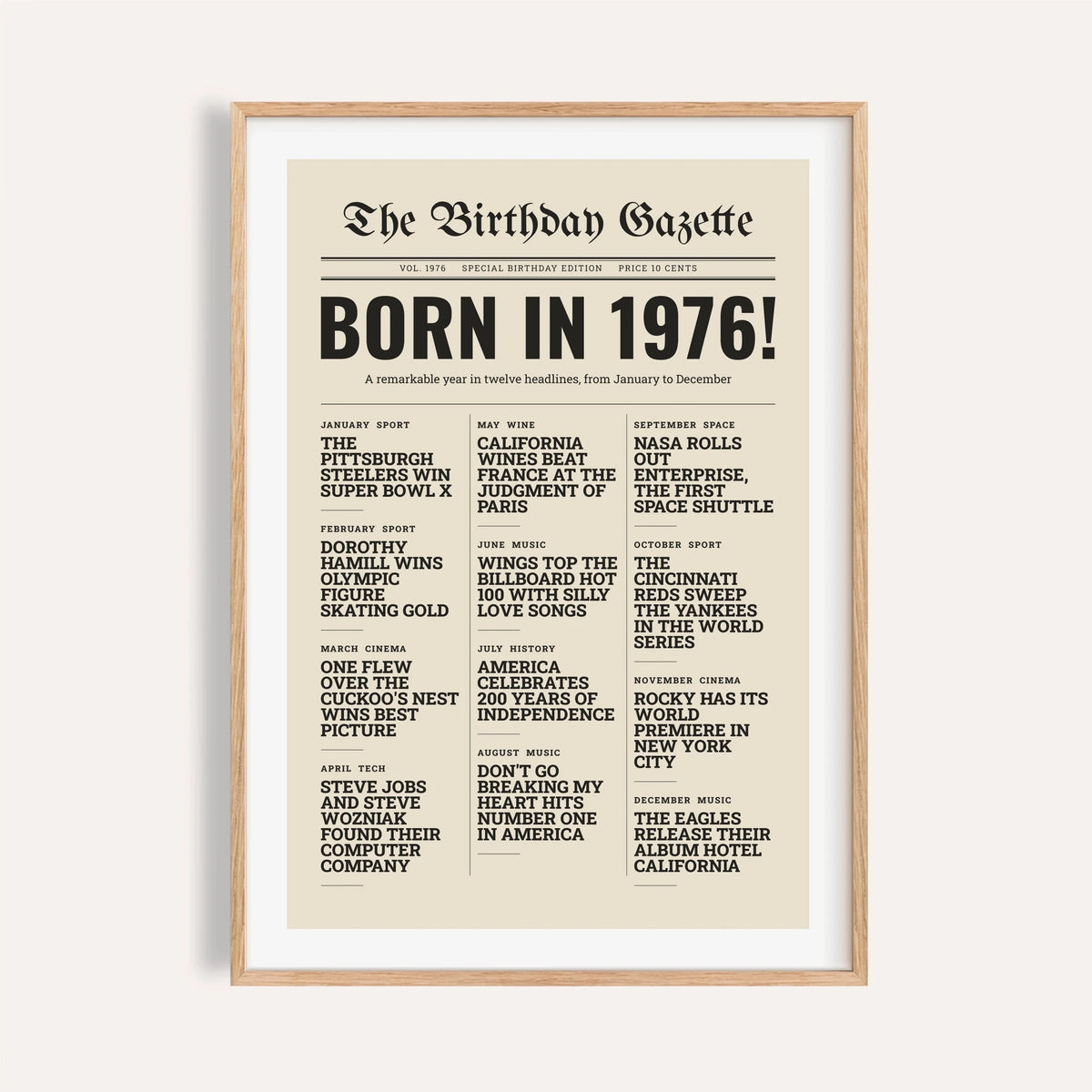 1976 print styled as a newspaper front page on a plain warm wall