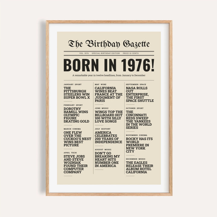 1976 print styled as a newspaper front page on a plain warm wall