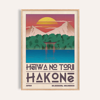 Hakone poster of a red torii gate on a blue lake under a striped setting sun