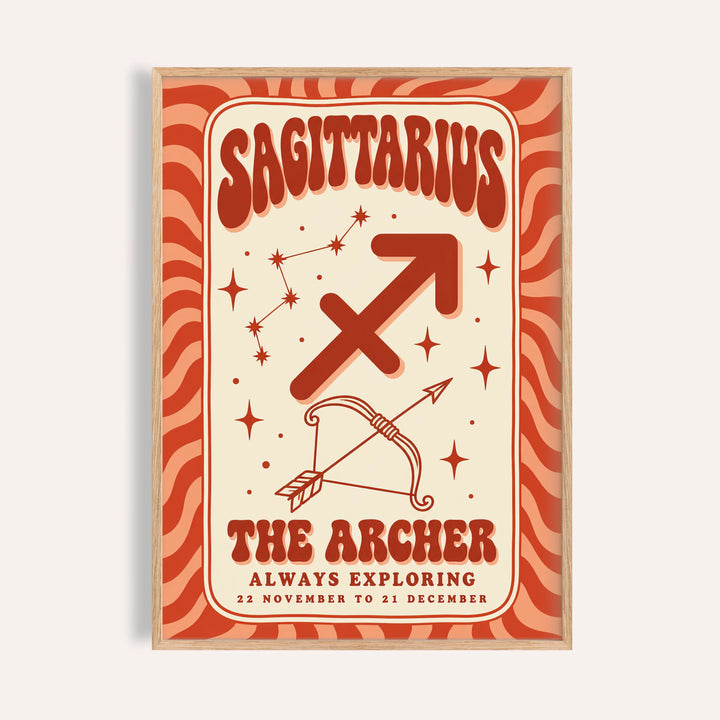 Sagittarius print with melty lettering, a bow and arrow and rust stripes
