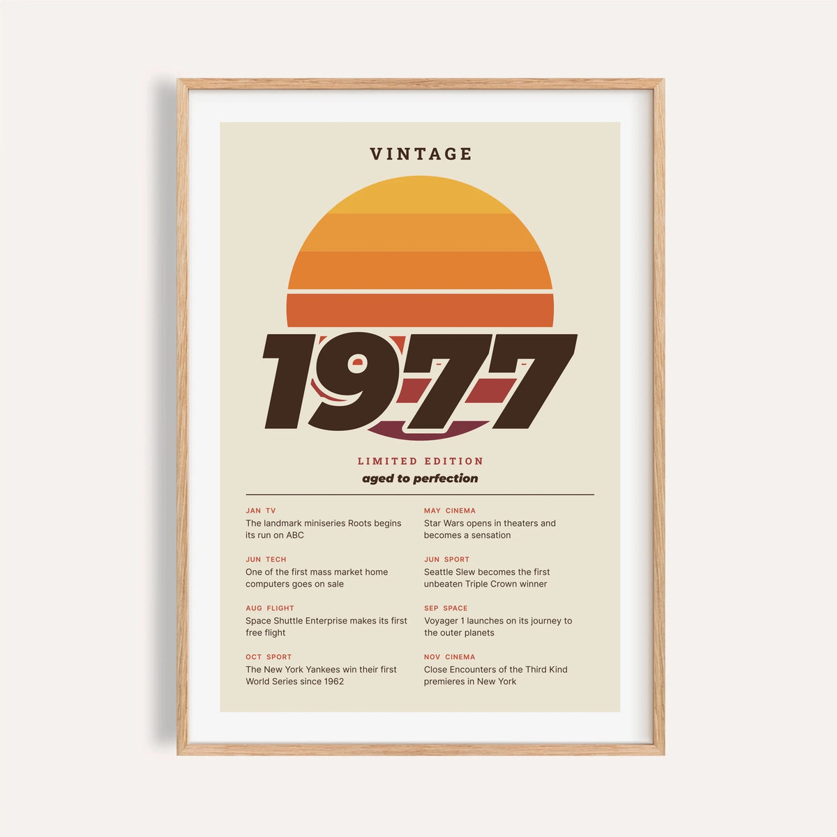 Vintage 1977 print with a retro striped sunset on a plain warm wall