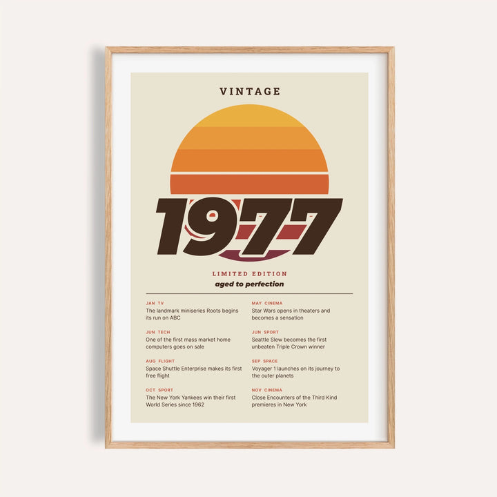 Vintage 1977 print with a retro striped sunset on a plain warm wall