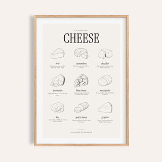 Types of cheese print with nine engraved cheeses drawn in black ink