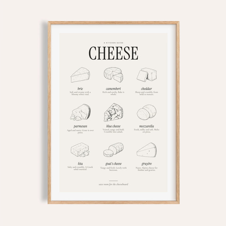 Types of cheese print with nine engraved cheeses drawn in black ink
