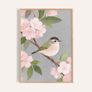 Botanical Bird Wall Art with small bird on branch and pink blossom illustration in soft colours